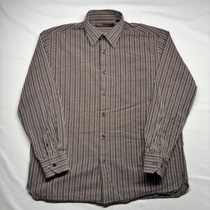 Perry Ellis Mens Large Brown Striped Long Sleeve Button Down Shirt Cotton Rayon